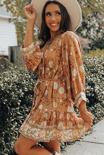 flowersverse Camel 3/4 Sleeve Tie-Waist Pleated Boho Floral Mini Dress