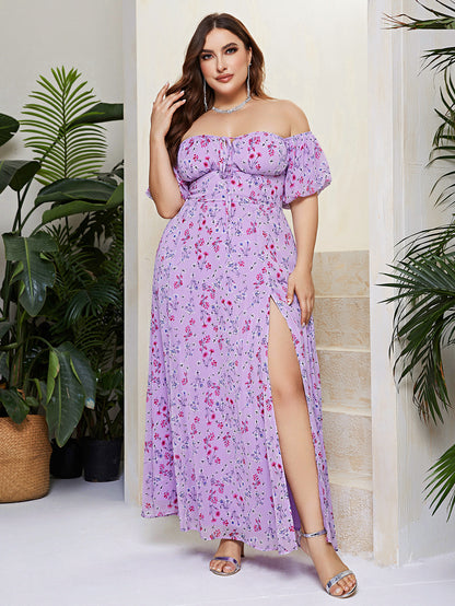 flowersverse Plus Size Women's Strapless Off Shoulder Dress Lace-Up Puff Sleeve Low Back Print Maxi Dress