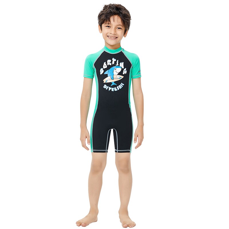 flowersverse Dive&Sail Boys One Piece Swimsuit UPF50+ Lightweight Quick Dry Short Sleeve Swimwear Bodysuit Back Zip Swimming Surfing Beach Sailing Printed Summer