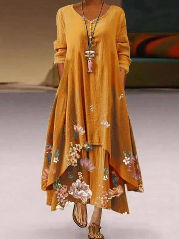 flowersverse Vintage Casual Loose Floral Print Long Sleeve Long Dress