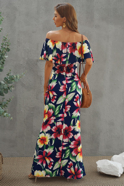 flowersverse Elegant Floral Layered Off-Shoulder Maxi Dress