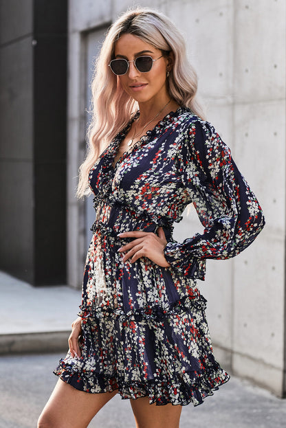 flowersverse Classy Floral Frill Trim Plunge Flounce Sleeve Mini Dress