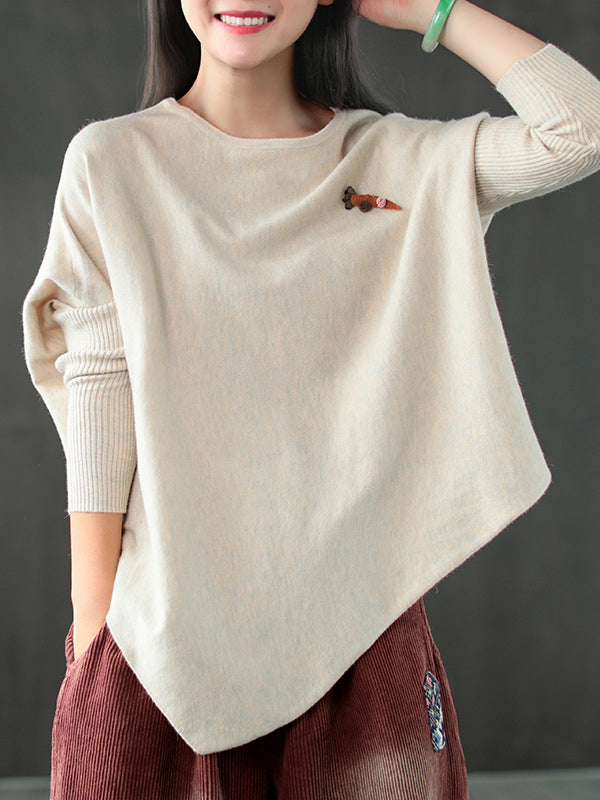 flowersverse Simple Loose Long Sleeves Solid Color Round-Neck Sweater Tops