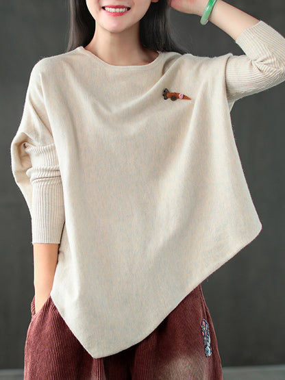 flowersverse Simple Loose Long Sleeves Solid Color Round-Neck Sweater Tops