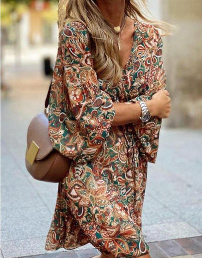 flowersverse New Printed Long Sleeve A-Line Boho Dress