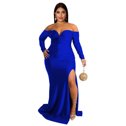 flowersverse Large Size Null Women's Sexy Nightclub V-neck Formal Pure Color Long Dress