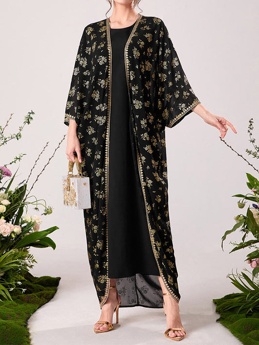 flowersverse Muslim High Waisted Round-Neck Inner Dress + Gauze Batwing Sleeves Flower Print Outerwear Two Pieces Set