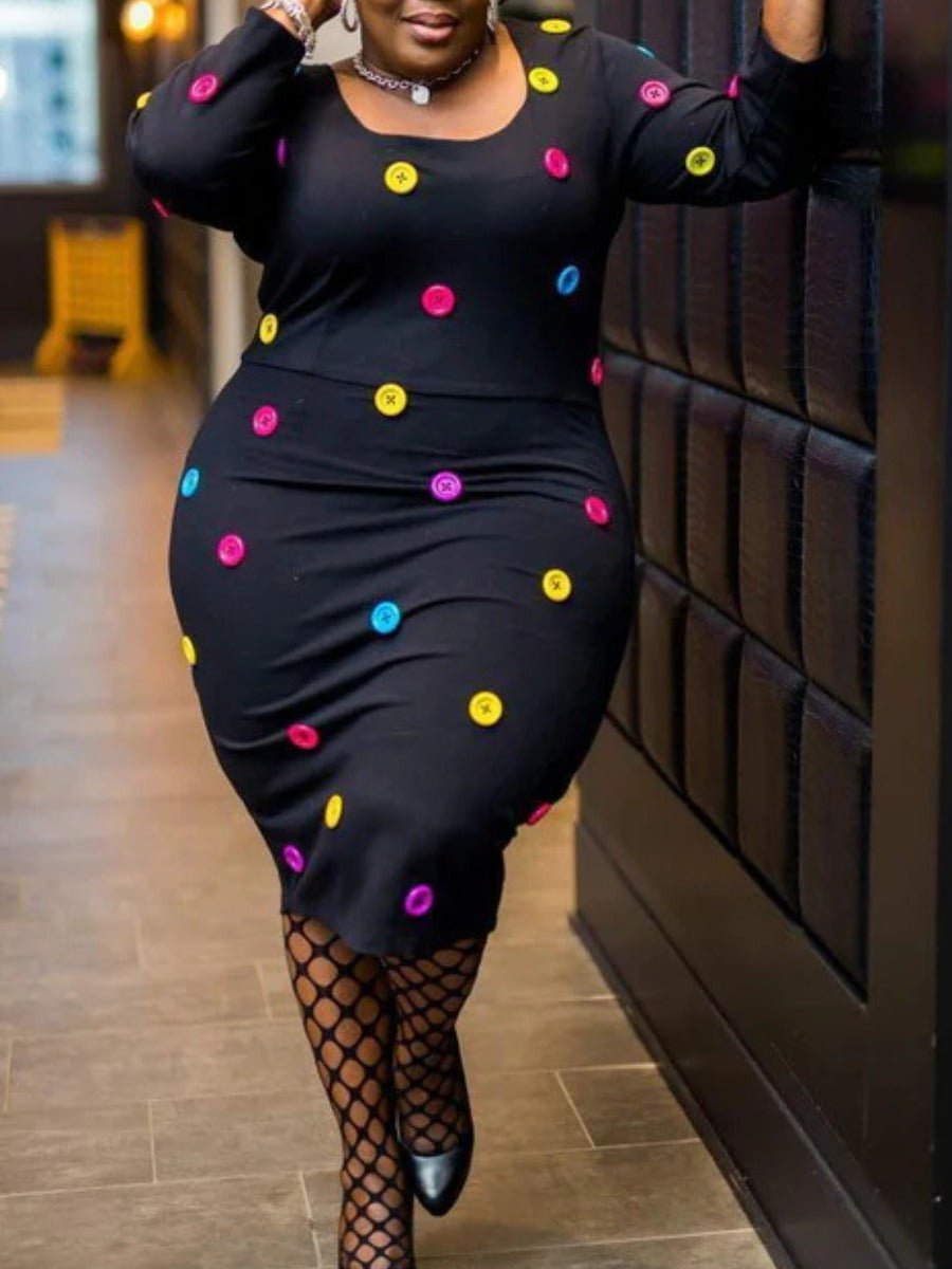 flowersverse Plus Size Button Design Bodycon Dress AR5055