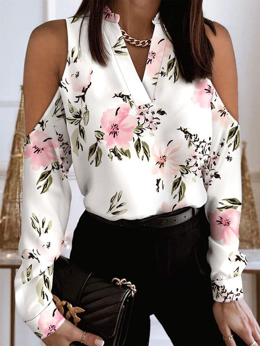 flowersverse Original Creation Long Sleeves Loose Floral Printed Hollow V-Neck Blouses&Shirts Tops
