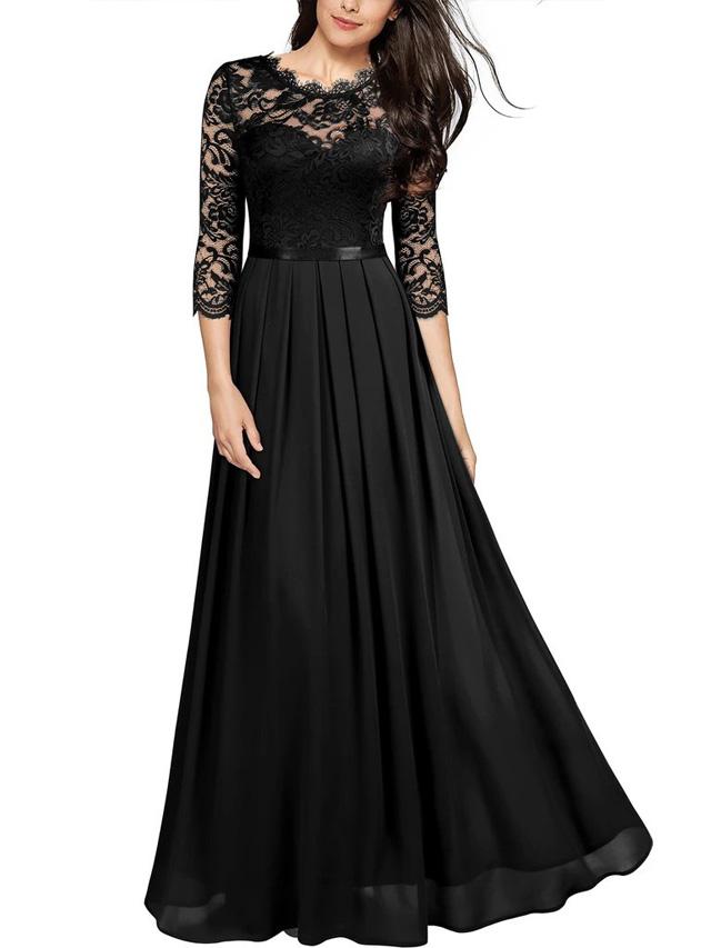 flowersverse Medium-Long Sleeve Chiffon Dress Round Neck Stitching Lace Dress Evening Dress Black Dresses