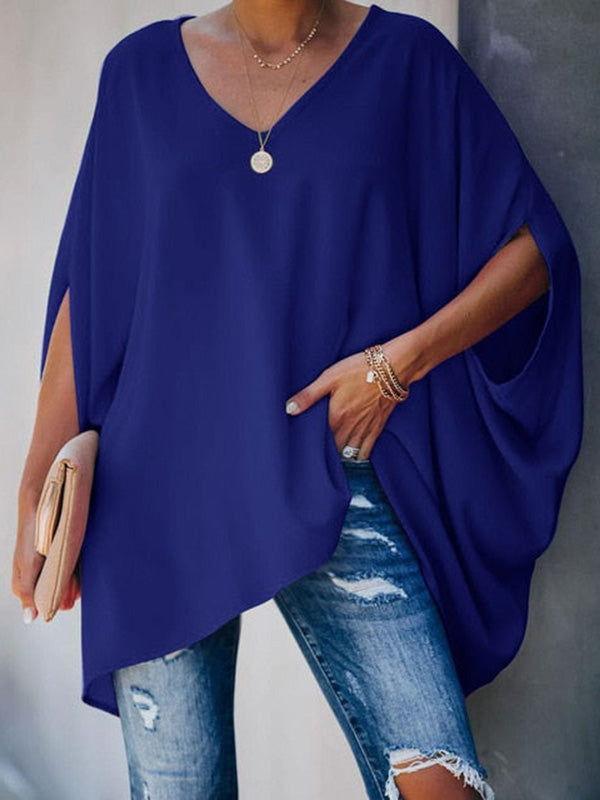 flowersverse Oversize Batwing Sleeves Solid Color V-Neck T-Shirt