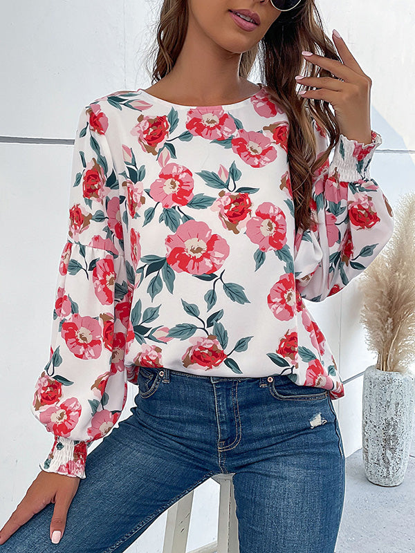 flowersverse Elasticity Flower Print Long Sleeves Loose Round-Neck Blouses&Shirts Tops