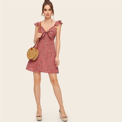 flowersverse Boho Ditsy Floral Knot Neck Ruffle Trim Summer Dress