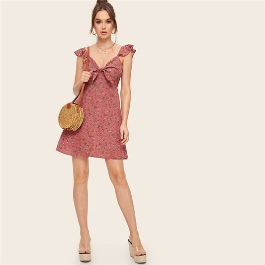 flowersverse Boho Ditsy Floral Knot Neck Ruffle Trim Summer Dress