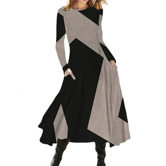 flowersverse Women's Round Neck Casual Ethnic Retro Fashion Long Sleeve Oversized Swing Dress
