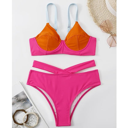 flowersverse Women's Swimwear Bikini Normal Swimsuit 2 Piece Printing Color Block Orange Bathing Suits Sports Summer