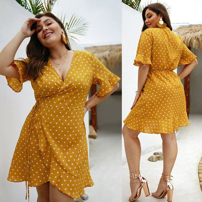 flowersverse Plus Size Women Summer High Waist Polka Dot Boho Beach Dress New Fashion Ladies Beach Dress Casual Short Sleeve V-Neck Sundress