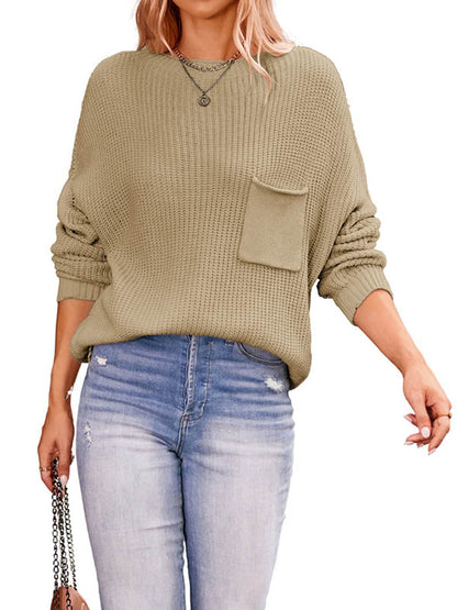 flowersverse Pockets Solid Color Long Sleeves Loose Round-Neck Sweater Tops Pullovers