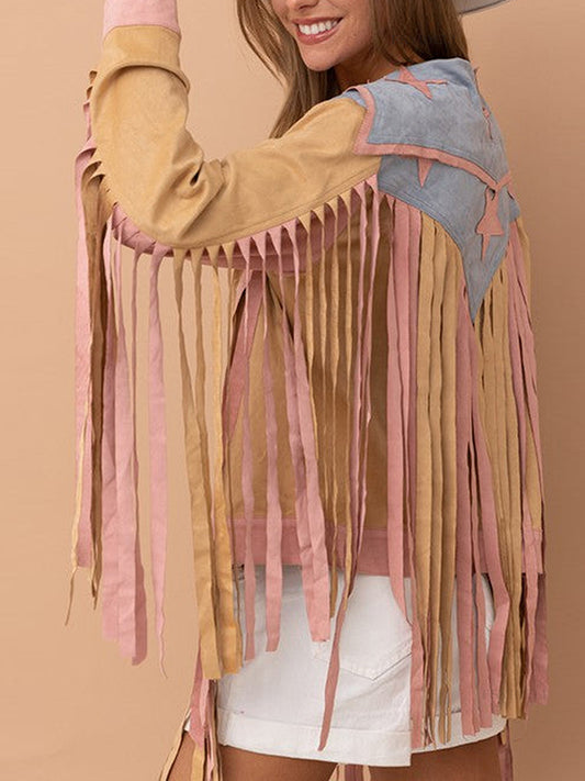 flowersverse Buttoned Contrast Color Tasseled Long Sleeves Loose Peter Pan Collar Outerwear Jackets