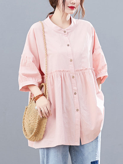 flowersverse Artistic Retro Loose Half Sleeves Pleated Falbala Split-Joint Solid Color Blouses