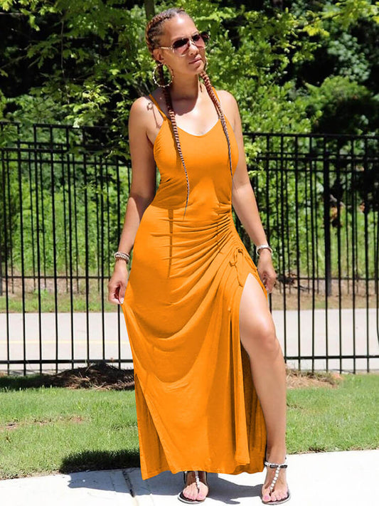 flowersverse Spaghetti Strap Ruched Split Bodycon Dresses