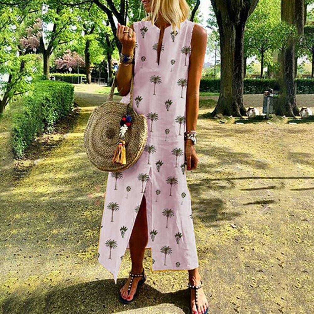 flowersverse Women Boho Long Maxi Dress Fashion Ladies Sleeveless Summer Beach Floral Dress Casual Holiday Dresses Sundress