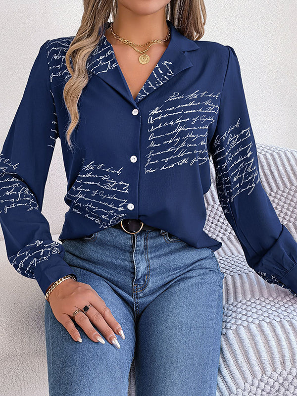 flowersverse Buttoned Letter Print Long Sleeves Loose Notched Collar Blouses&Shirts Tops