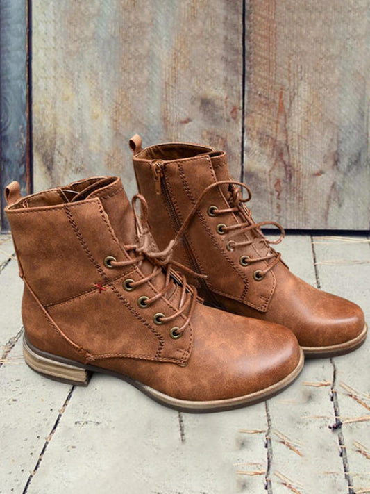 flowersverse Red Stitched Brown Leather Vintage Casual Boots