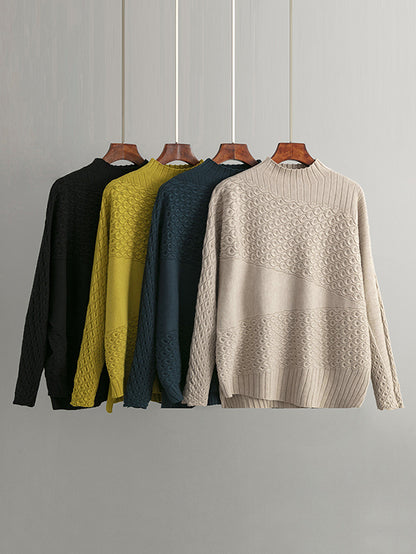 flowersverse Casual Loose Long Sleeves Solid Color Half Turtleneck Sweater Tops