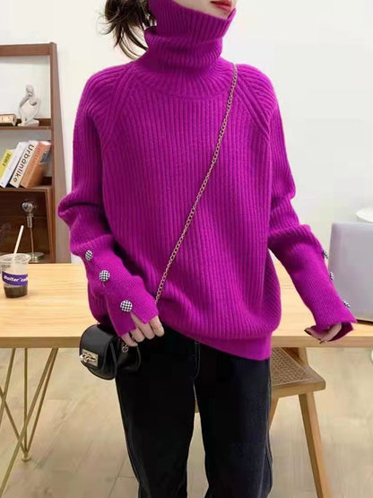 flowersverse Casual Loose Long Sleeves Solid Color High-Neck Sweater Tops