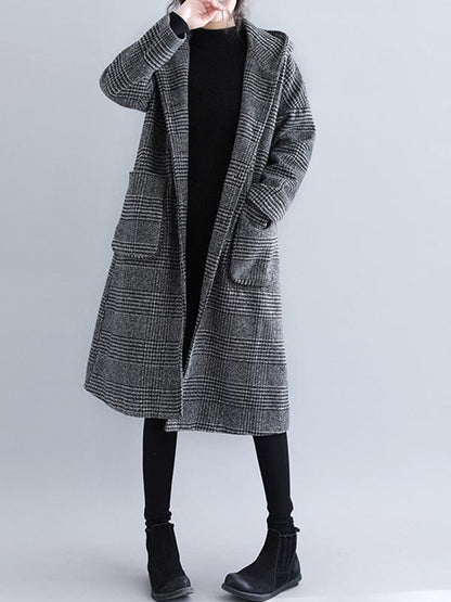 flowersverse Loose Plaid Woolen Hood Coat