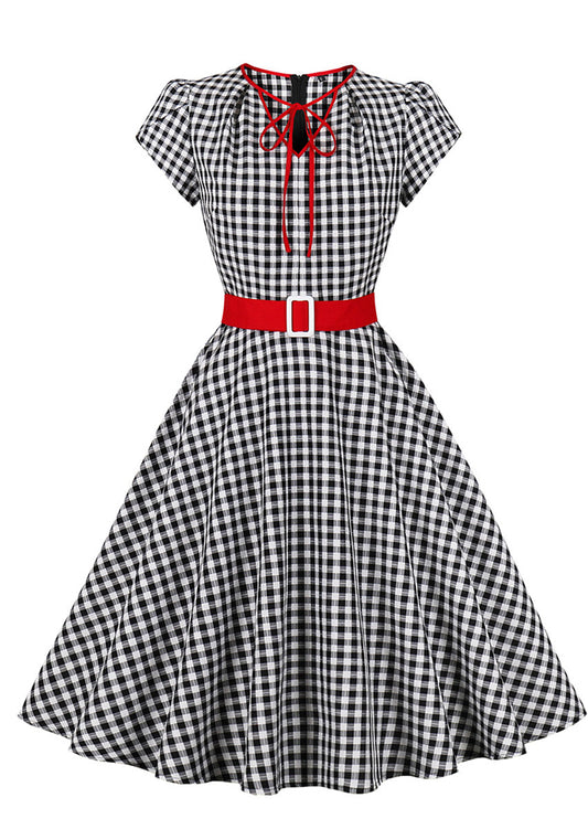 flowersverse Women Vintage Black and White Check Belt Dress