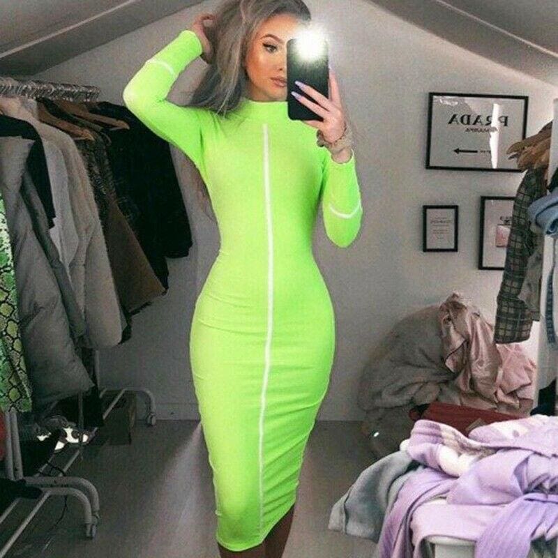 flowersverse Women Autumn Long Sleeve Short Dress Secy Ladies Slim Fit High Neck Dress Bodycon Bandage Casual Slim Dresses