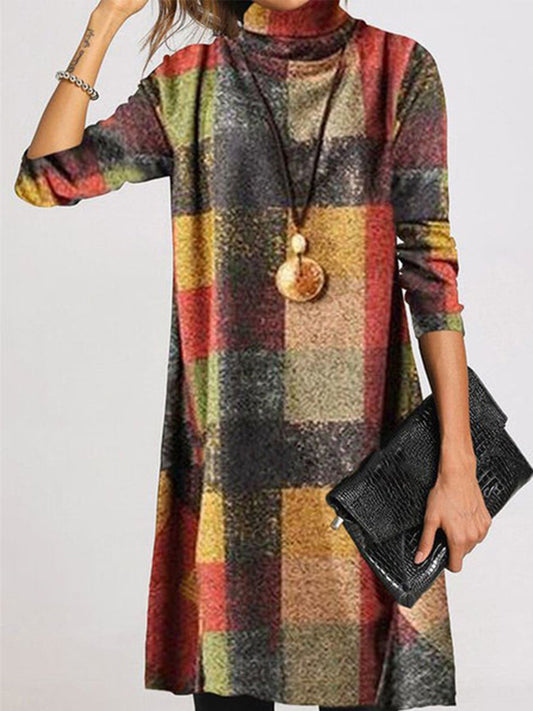 flowersverse Vintage Plaid Long Sleeve Turtleneck Casual Knitting Dress