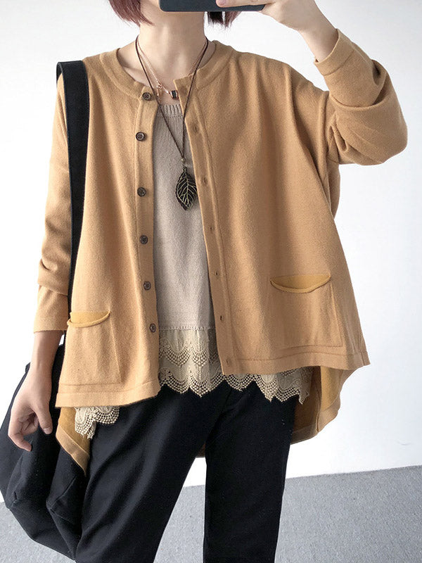 flowersverse Casual Loose Buttoned 8 Colors High-Low Round-Neck Long Sleeves Cardigan Tops