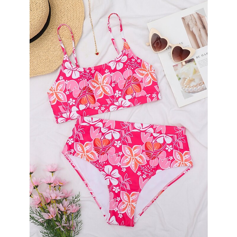 flowersverse Women's Swimwear Bikini Normal Swimsuit 2 Piece Printing Floral Red Blue Orange Bandeau Bathing Suits Sports Summer