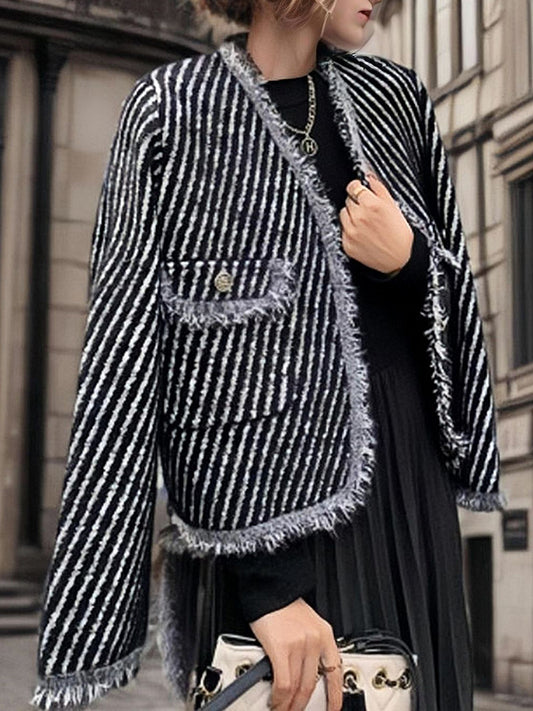 flowersverse Fringed Split-Joint Striped Long Sleeves Loose Outerwear Jackets