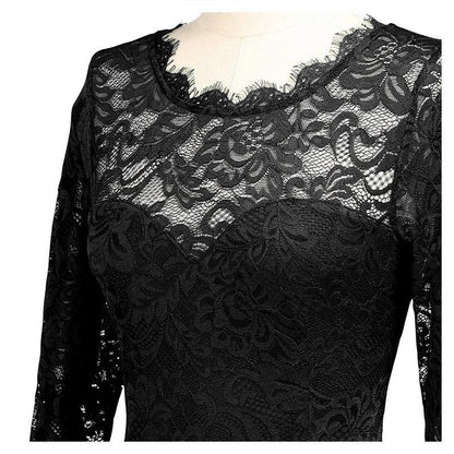 flowersverse Medium-Long Sleeve Chiffon Dress Round Neck Stitching Lace Dress Evening Dress Black Dresses