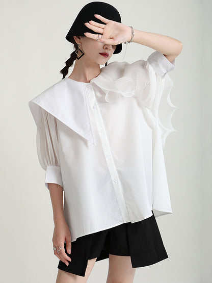 flowersverse Stylish Asymmetric Split-Joint Falbala With Belted Half Sleeves Blouses