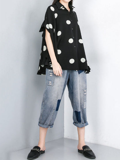 flowersverse Polka-Dot Batwing Sleeves High-Low Lapel Blouses&Shirts Tops