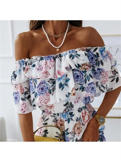 flowersverse Off-The-Shoulder Chiffon Print Commuter Waist Dress