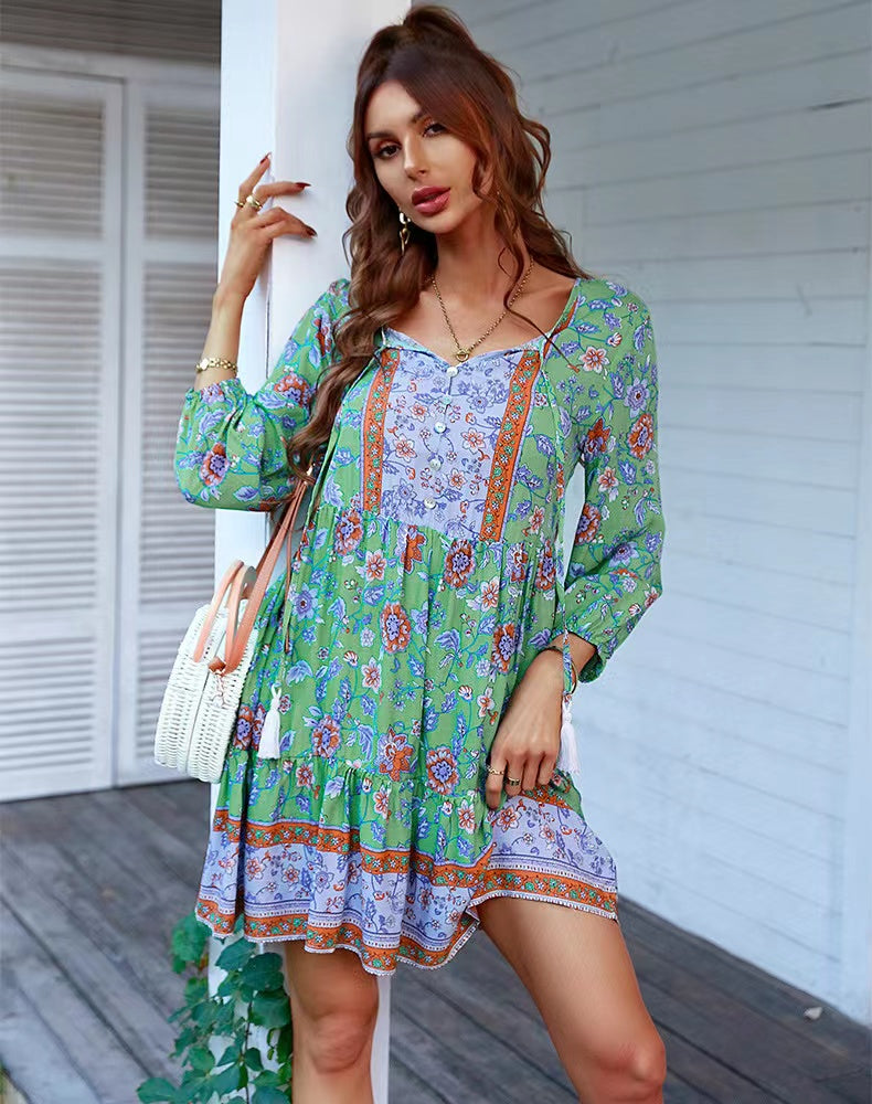 flowersverse V-neck Printed Casual Bohemian Short Dress