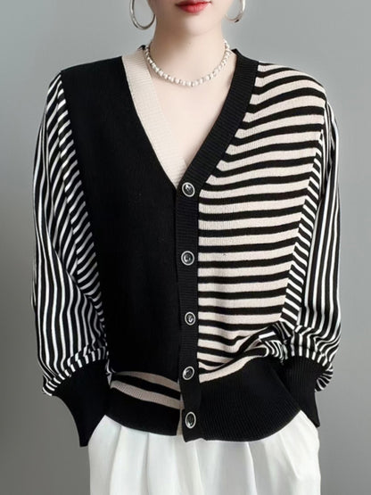 flowersverse Buttoned Contrast Color Split-Joint Striped Long Sleeves Loose V-Neck Knitwear Cardigan Tops