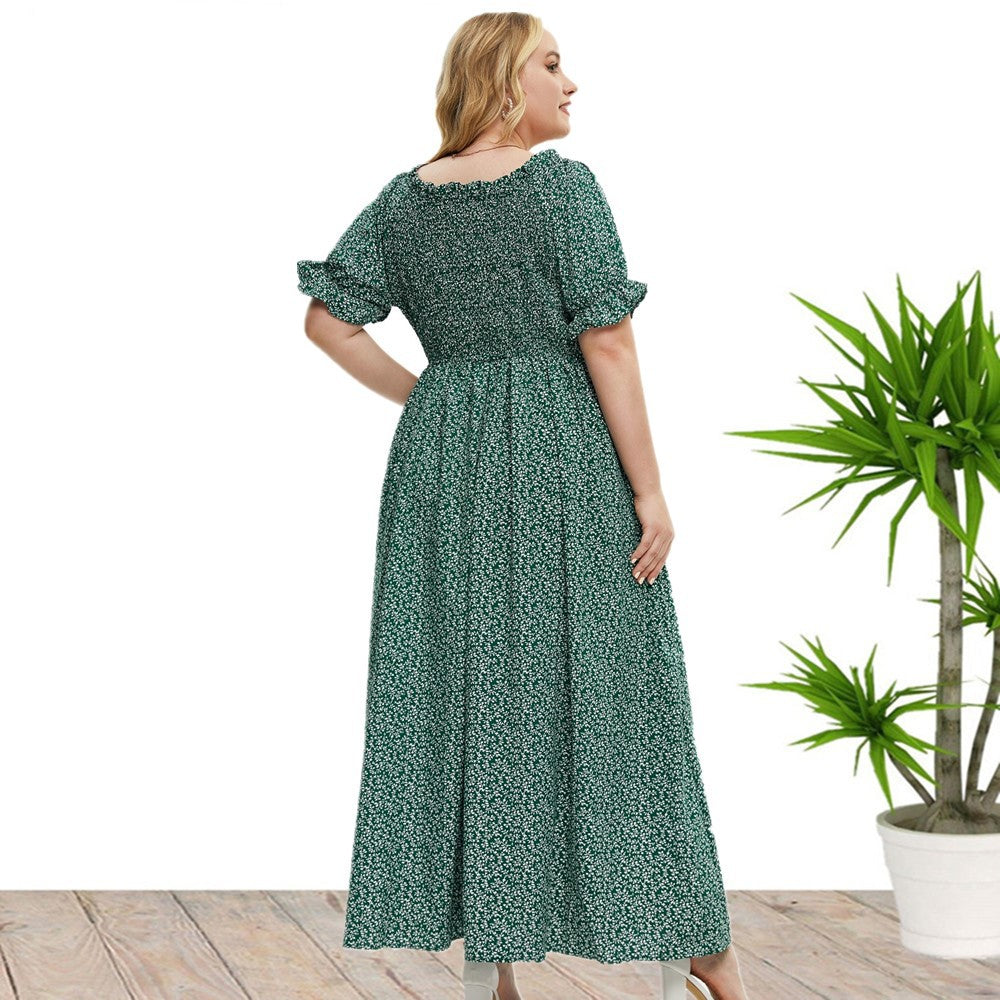 flowersverse Summer Fall Plus Size Women's Round Neck Dress