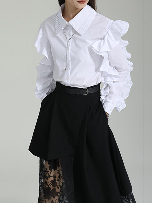 flowersverse Falbala Pleated Solid Color Long Sleeves Lapel Blouses&shirts Tops