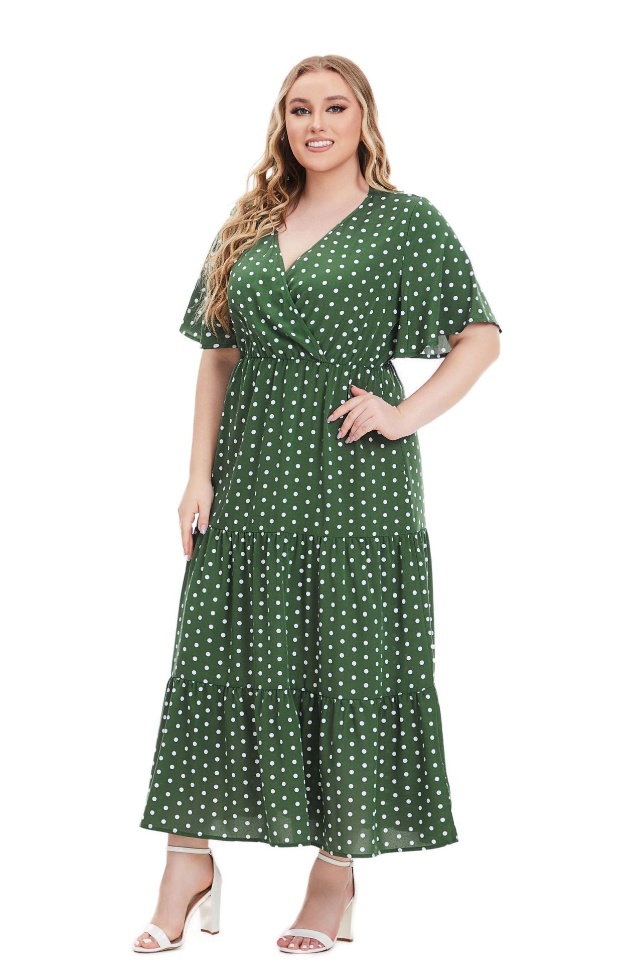 flowersverse Summer Plus Size Women's V Neck Polka Dot Short Sleeve Dress