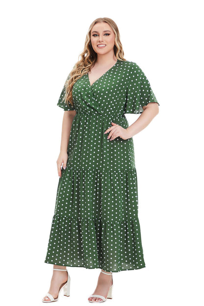 flowersverse Summer Plus Size Women's V Neck Polka Dot Short Sleeve Dress