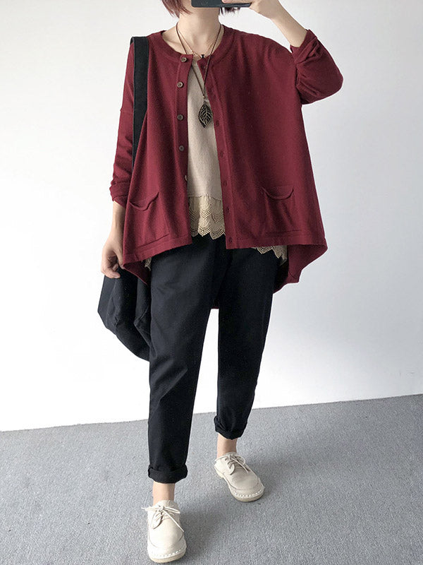 flowersverse Casual Loose Buttoned 8 Colors High-Low Round-Neck Long Sleeves Cardigan Tops