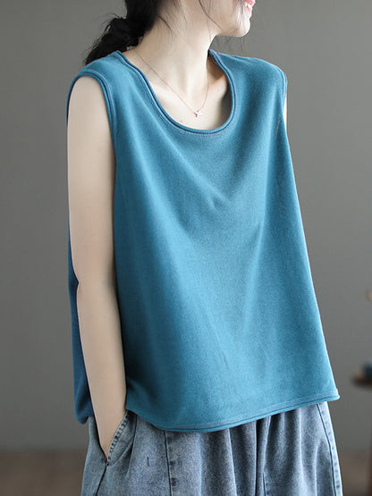 flowersverse Solid Color Loose Sleeveless Round-neck Knitting Vest Top