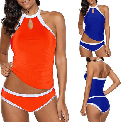 flowersverse Women's Swimwear Tankini 2 Piece Normal Swimsuit 2 Piece Plain Blue Orange Tank Top Bathing Suits Sports Summer